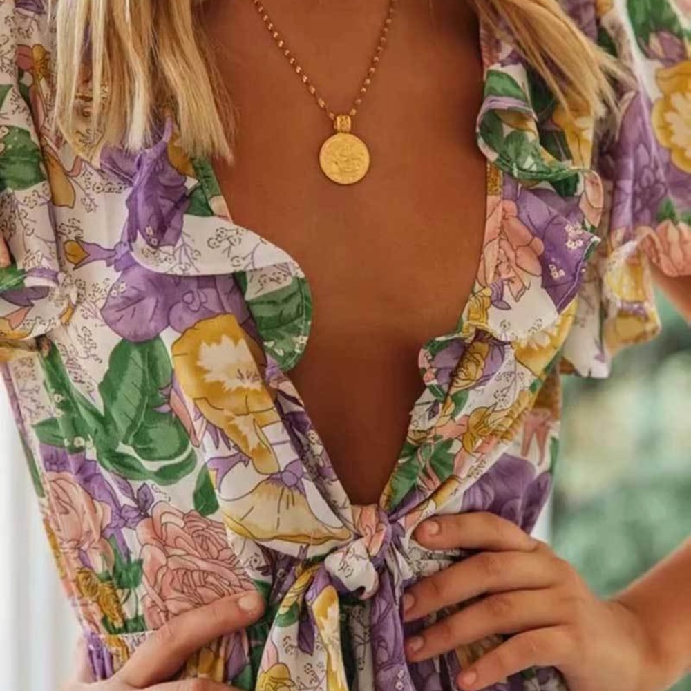 Boho Purple Floral Plunging Neck Front Tie Dress - Picture 2 of 6